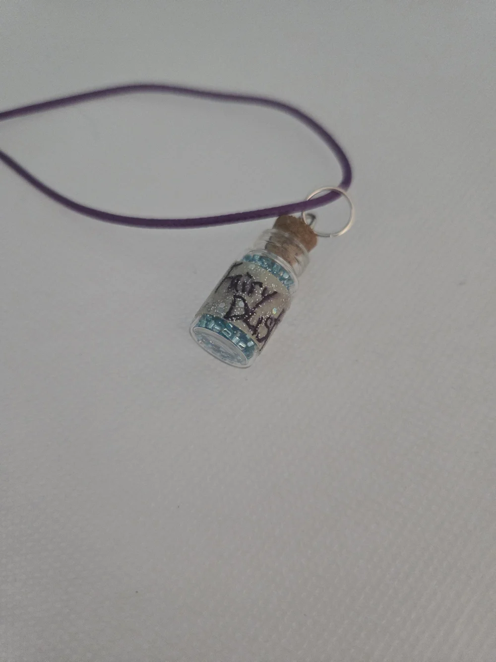 4/$15 Handmade Blue Bottle Pendant Necklace on Purple Cord 